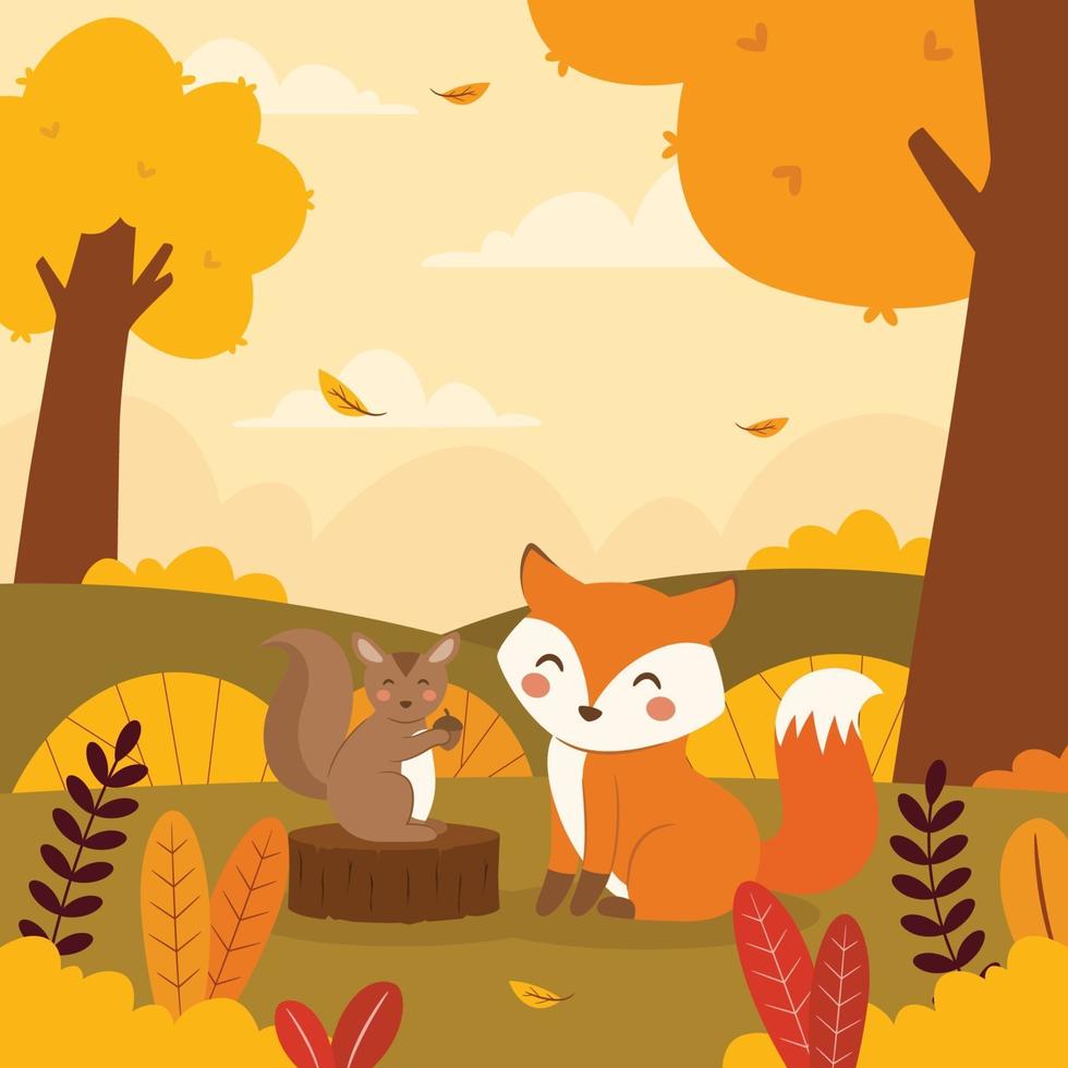 Cute Squirrel and Fox in Autumn Landscape vector