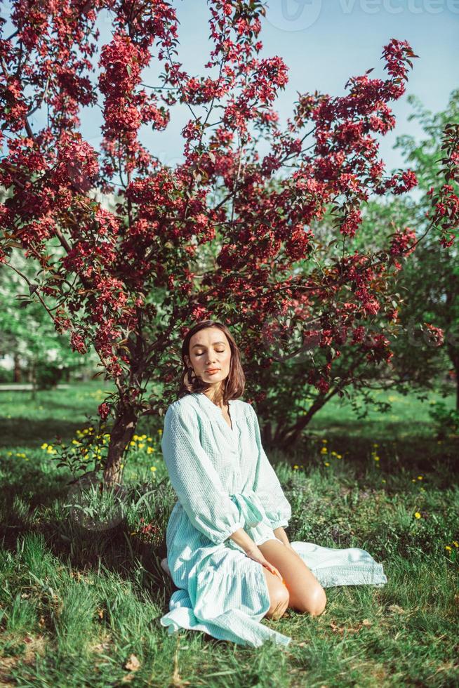 Girl sits in the park on the grass under a blooming white apple tree photo
