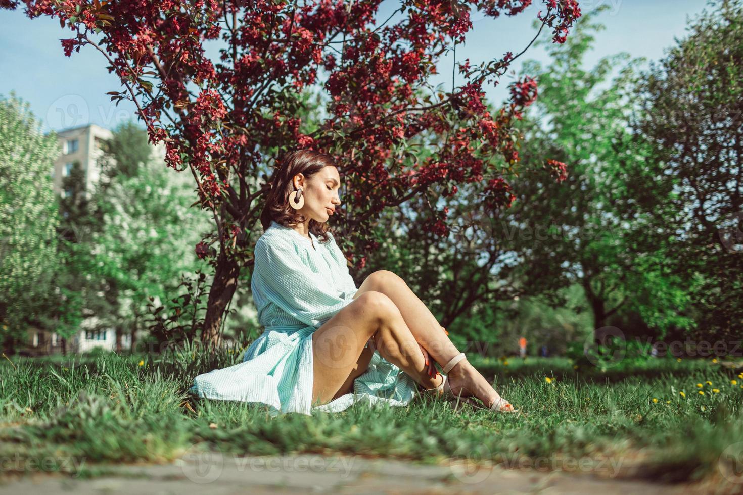 Girl sits in the park on the grass under a blooming white apple tree photo