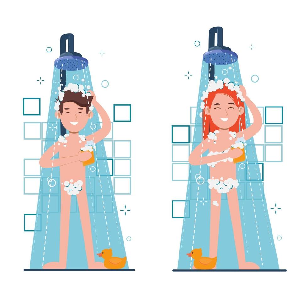 Woman and man taking morning shower in bathroom. Washes head, vector