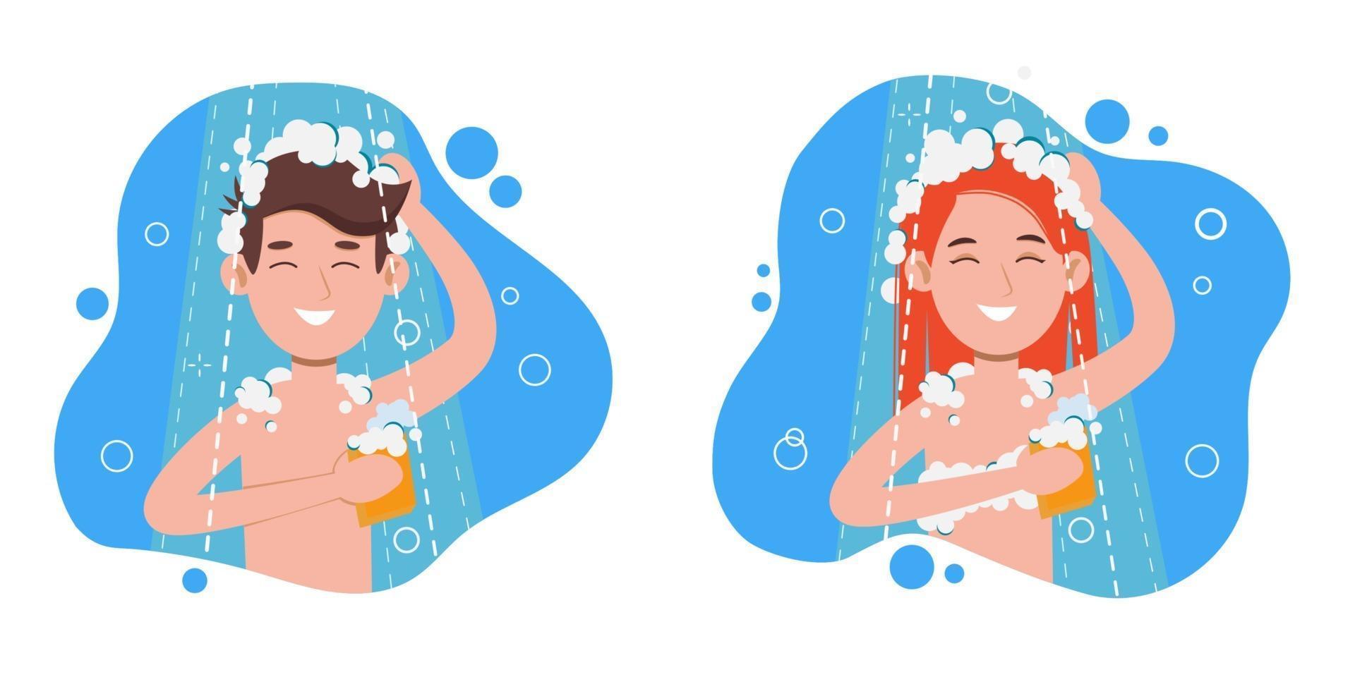 Woman and man taking morning shower in bathroom. Washes head vector