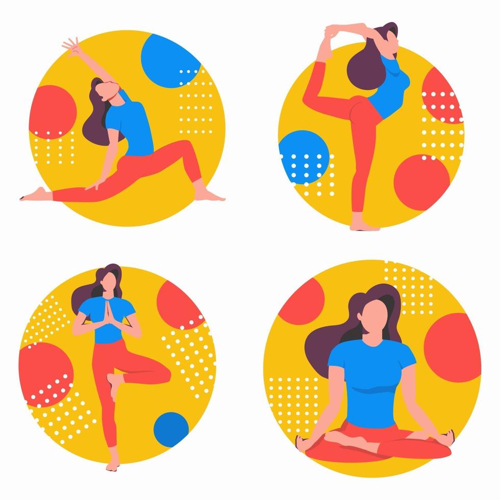 Yoga set with exercises. Sports at home online. vector