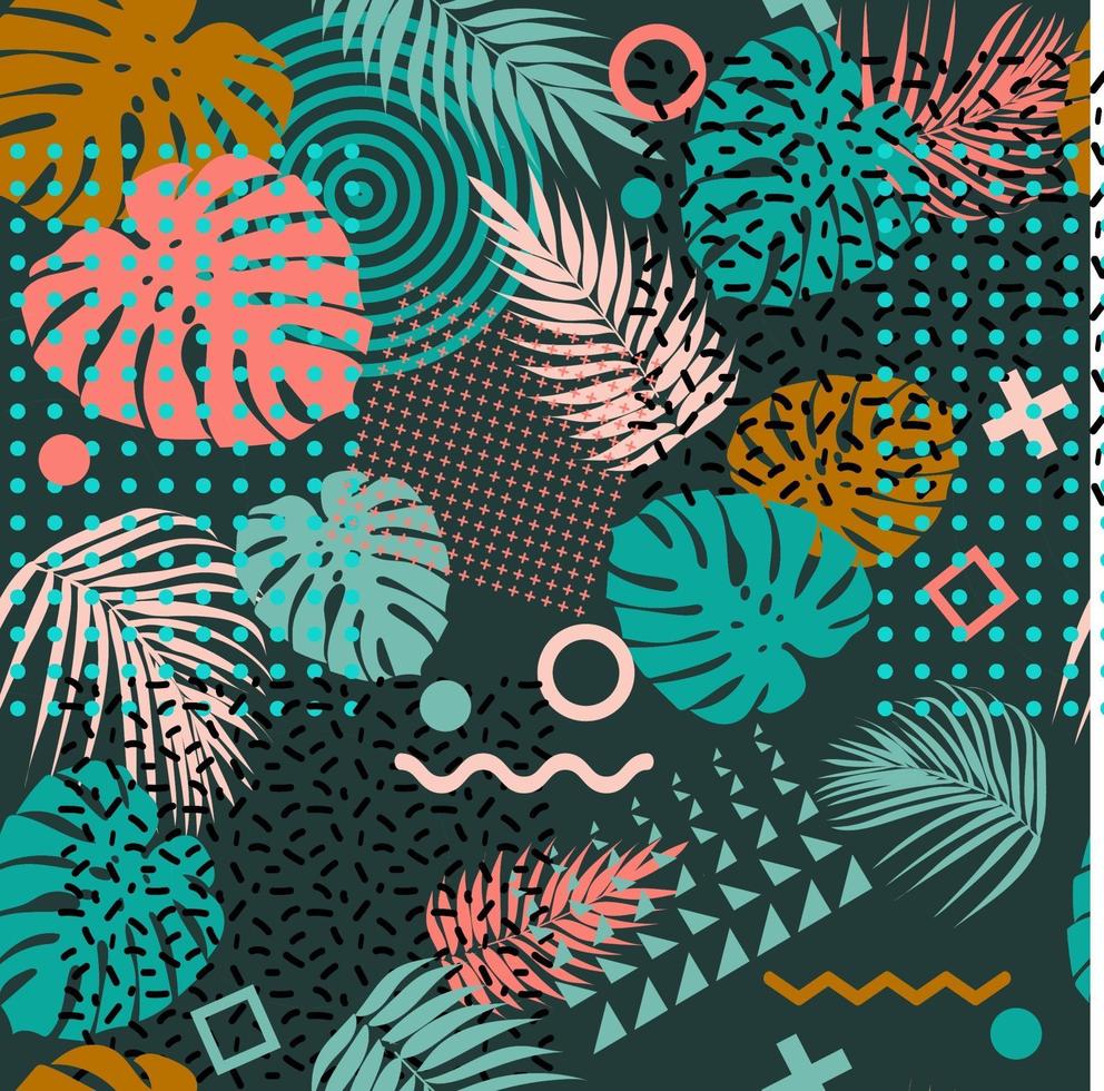 Seamless pattern with tropical leaves of plants and memphis vector