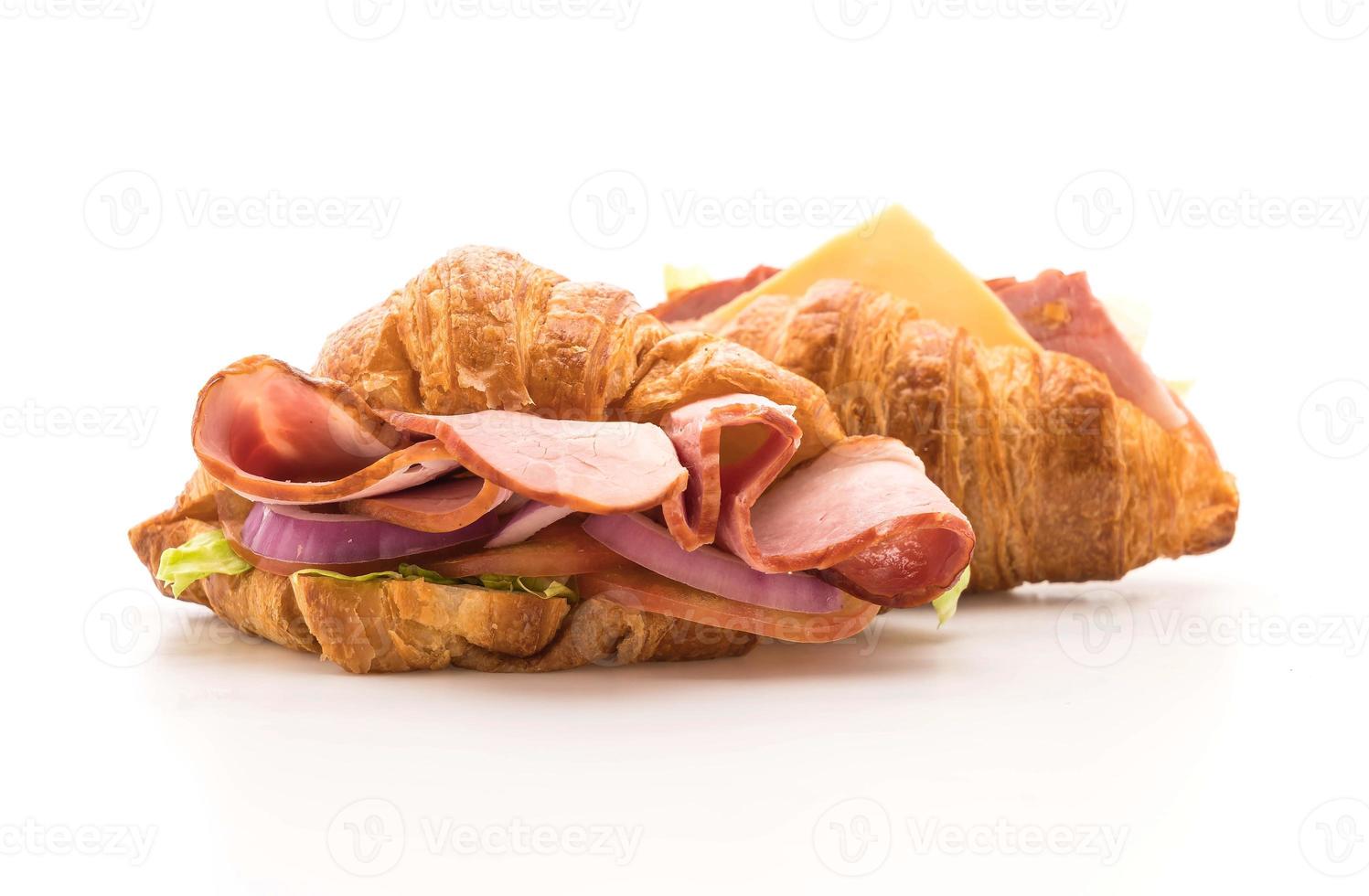 Croissant sandwich ham on white background photo