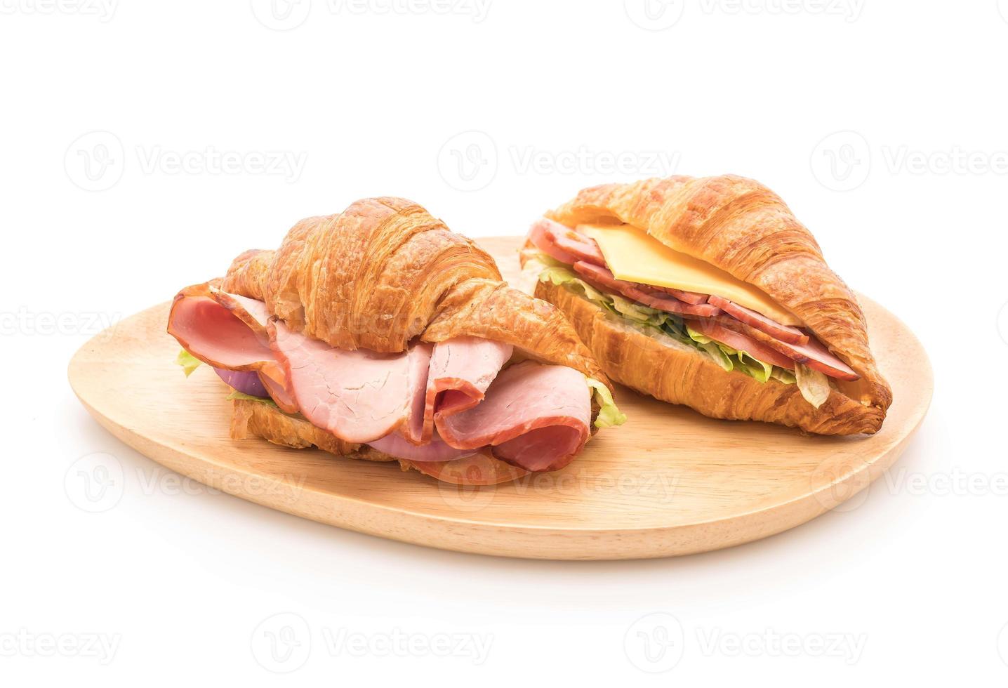 Croissant sandwich ham on white background photo
