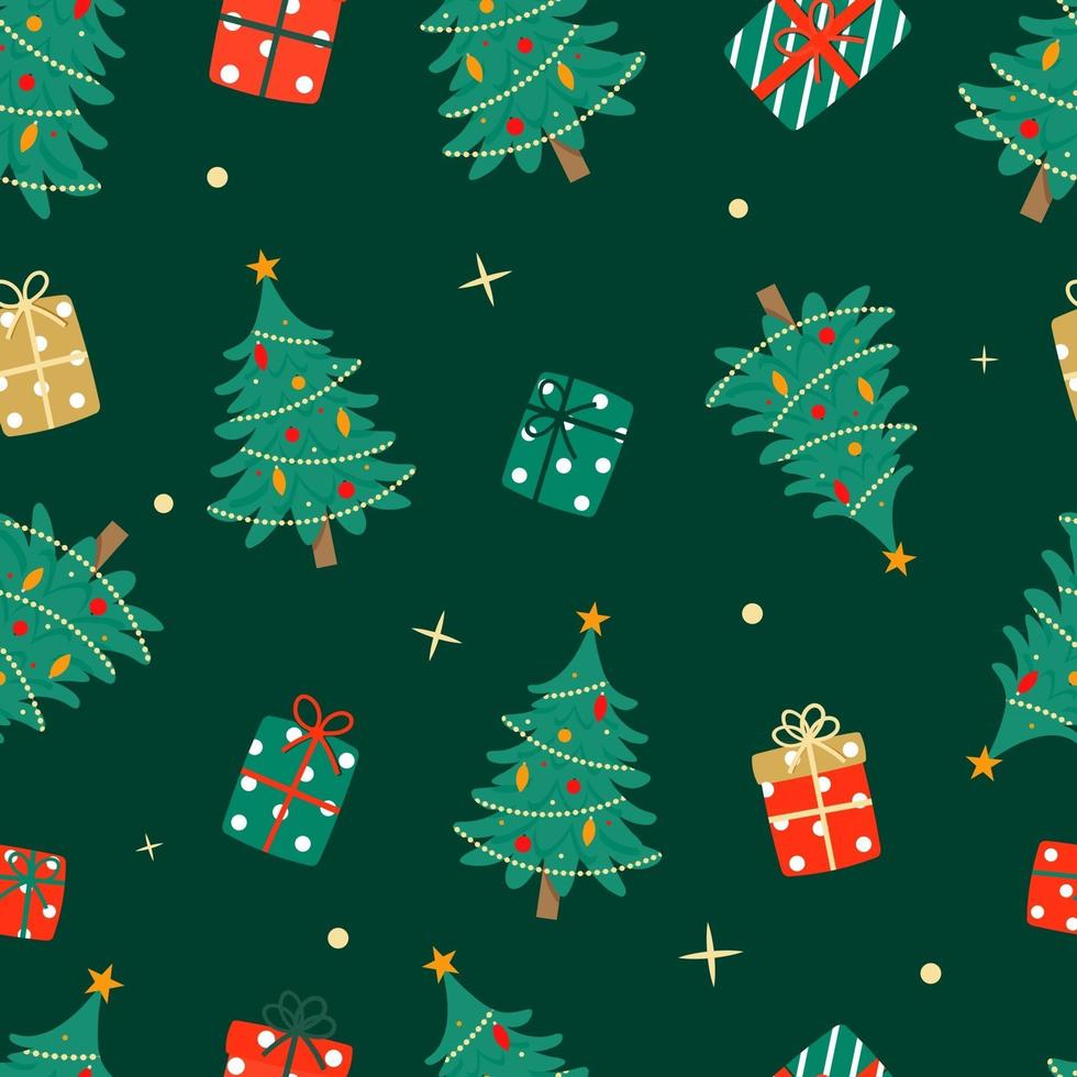 Decorated Christmas Trees and Gifts Seamless Repeat Vector Pattern