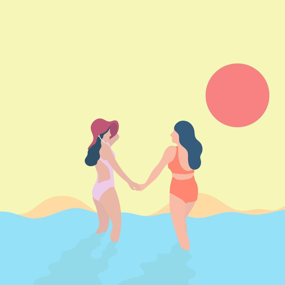 dos mujeres, tomados de la mano, en la playa vector