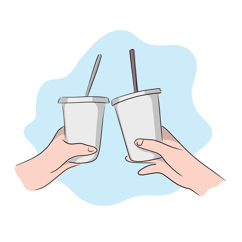close-up two hands holding iced latte vector