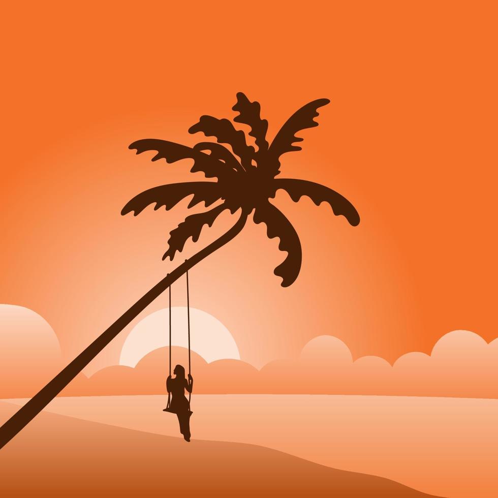 woman swinging on a tropical beach in sunset vector