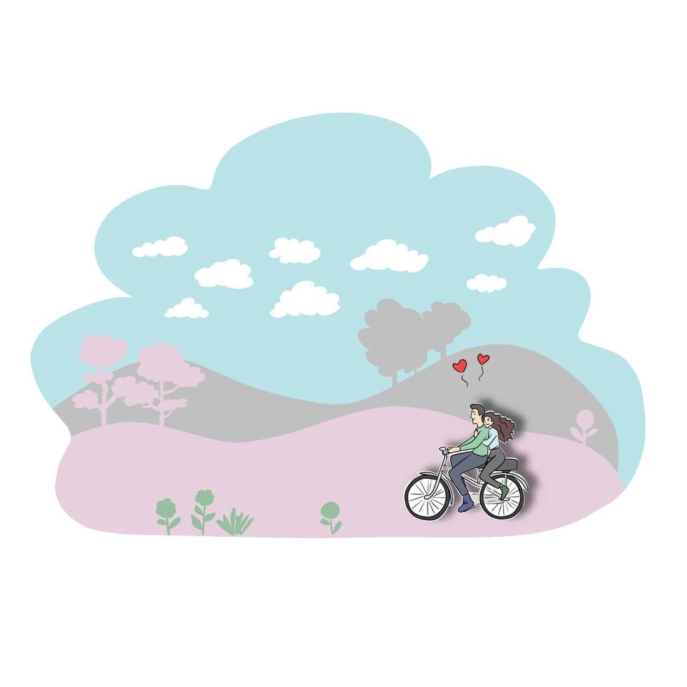 lovers biking in the park with pastel color vector