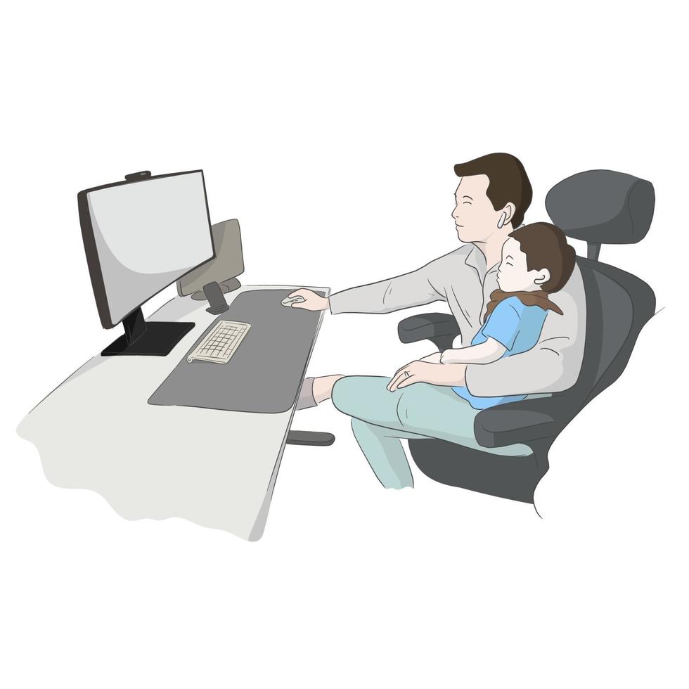 father working with baby daughter and laptop computer at home vector