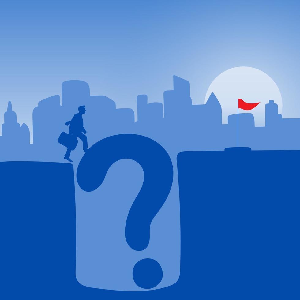 businessman with his suitcase walking across question mark vector