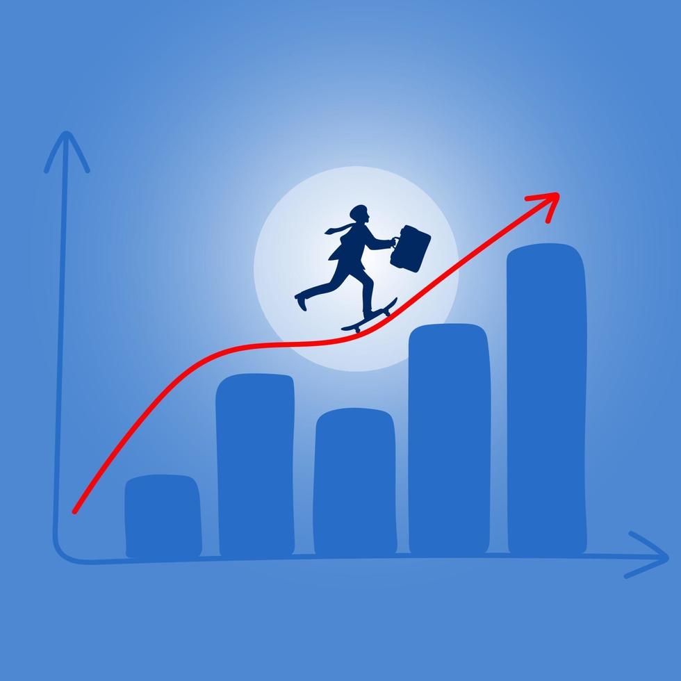 Businessman riding skateboard on red financial graph vector