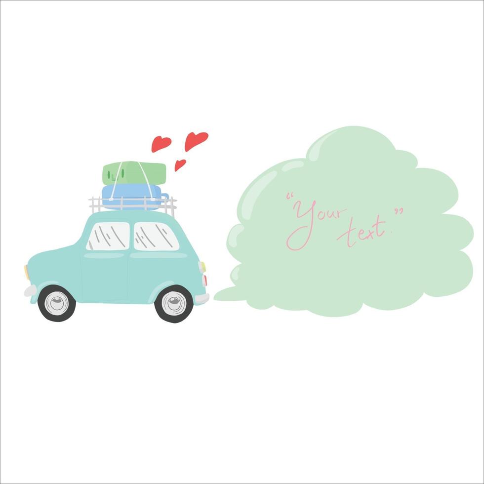 green car with roof luggage and three red hearts vector