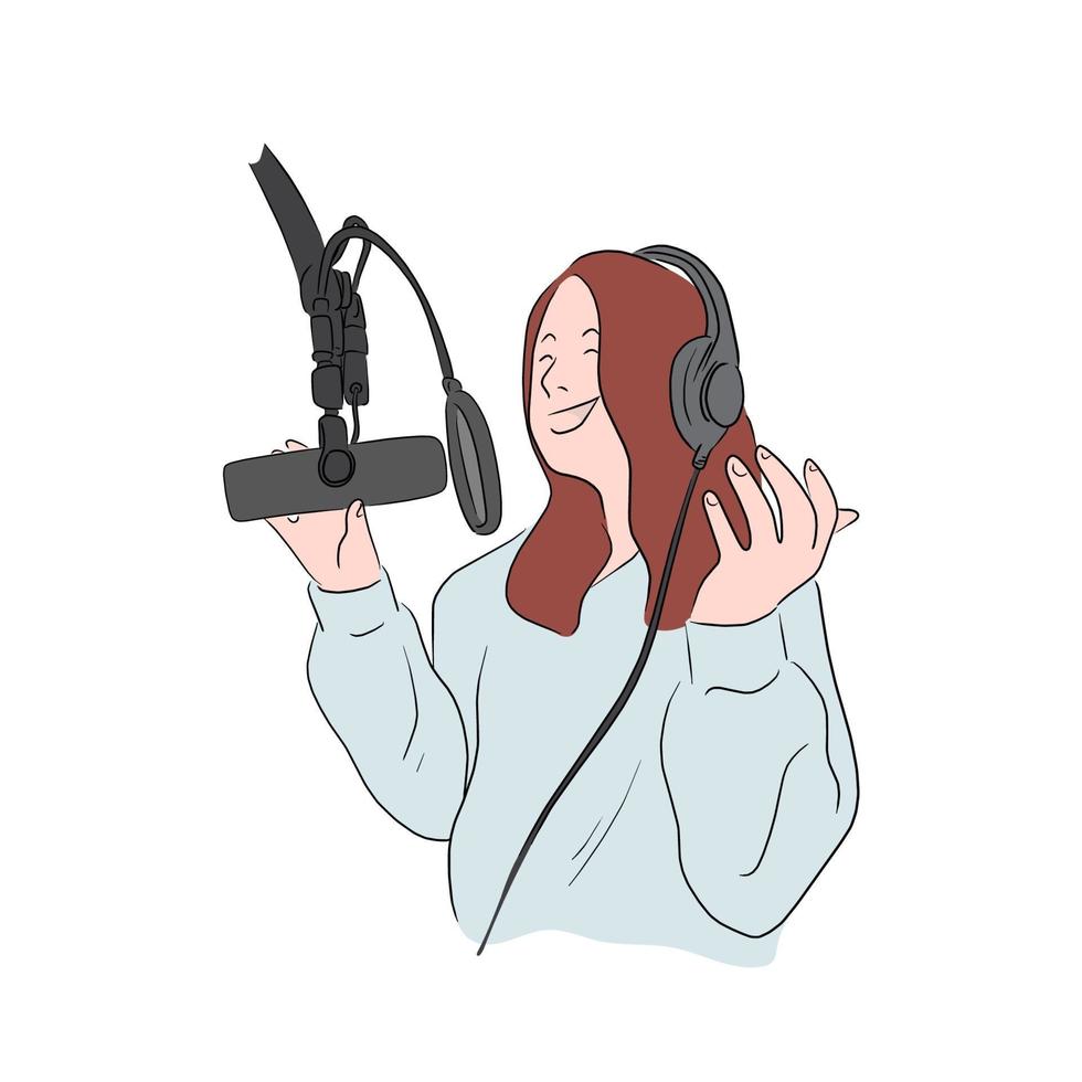 mujer en auriculares y micrófono vector