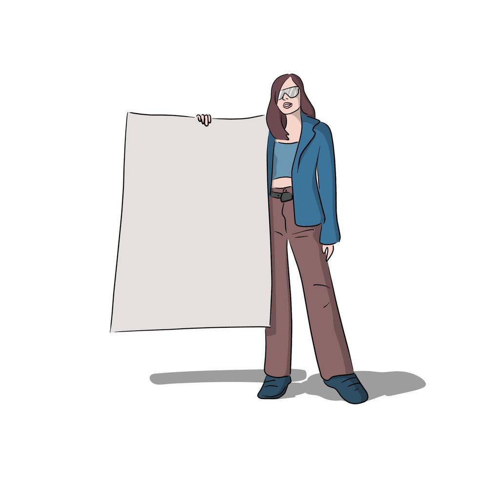 modern businesswoman with glasses holding big blank sign vector