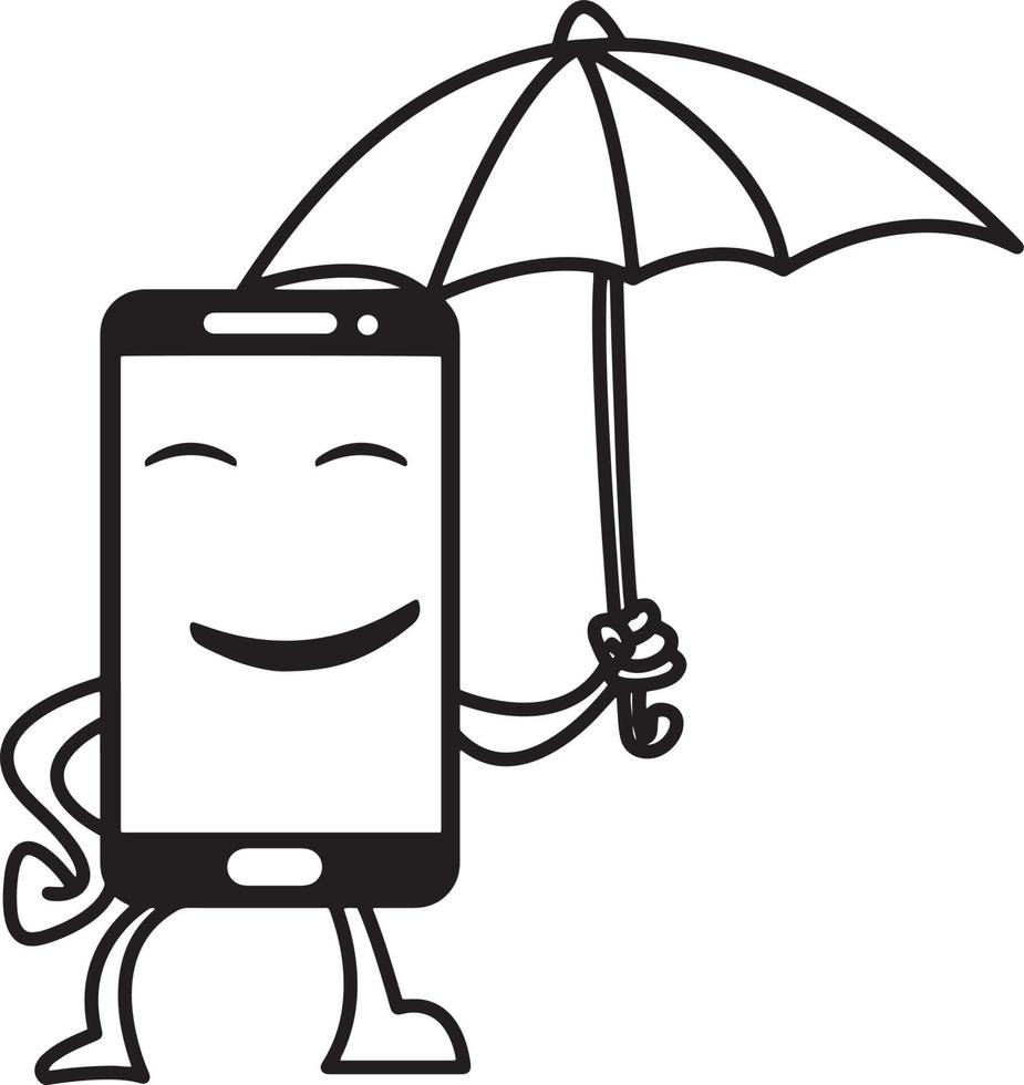 smiling smart phone hold umbrella vector illustration
