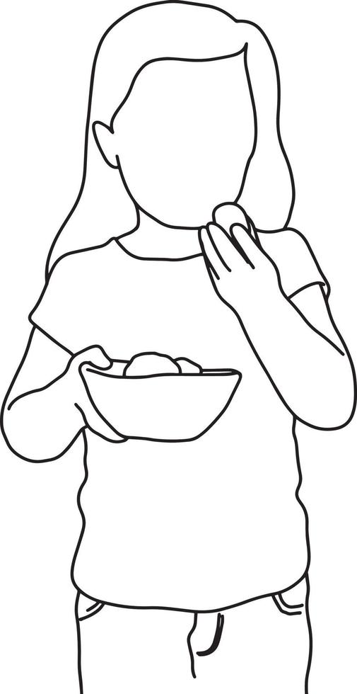 girl holding food in the bowl with right hand vector