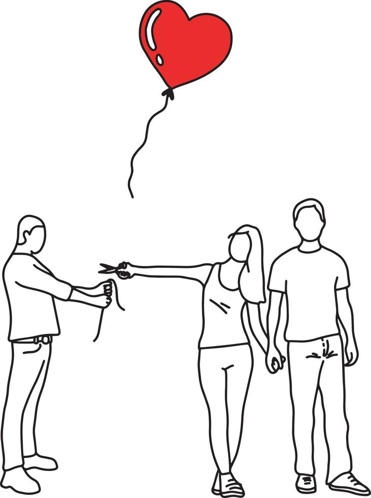 woman with her new lover cutting red heart balloon vector