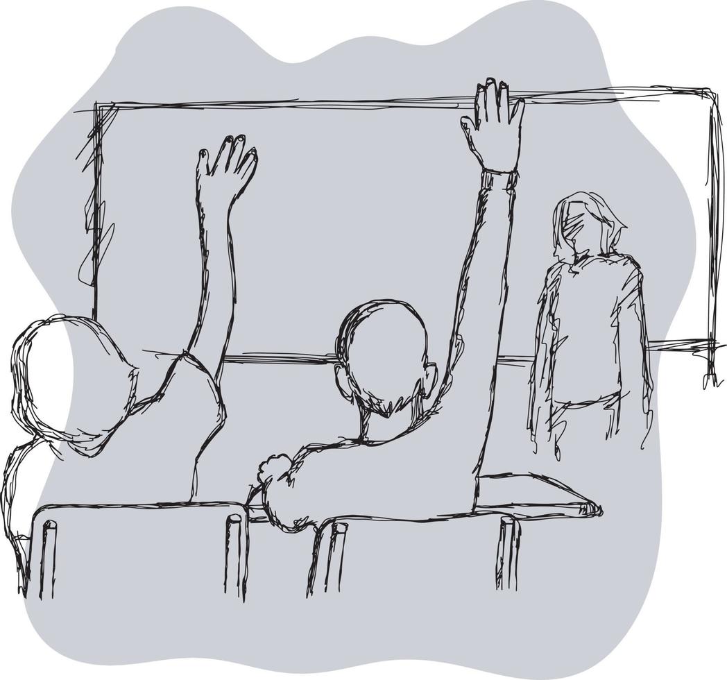 two students raising their hands in class for an answer vector