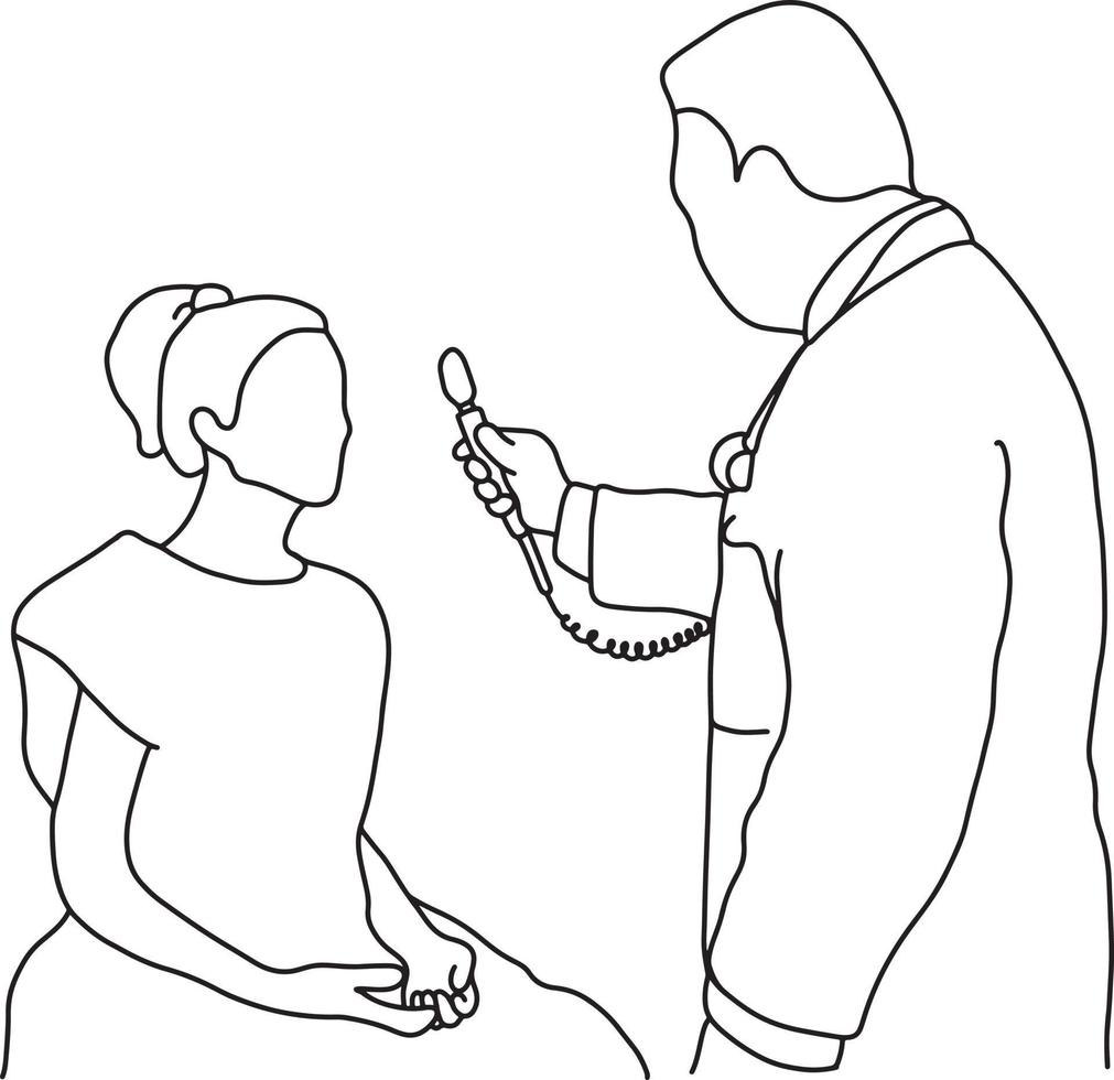 male doctor using optical equipment on his female patient vector