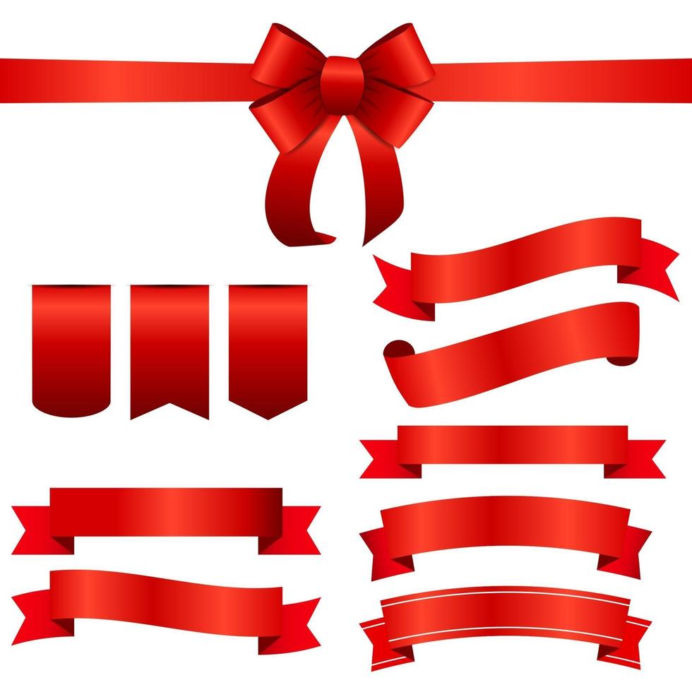 Red Ribbon and Bow Set. Vector illustration