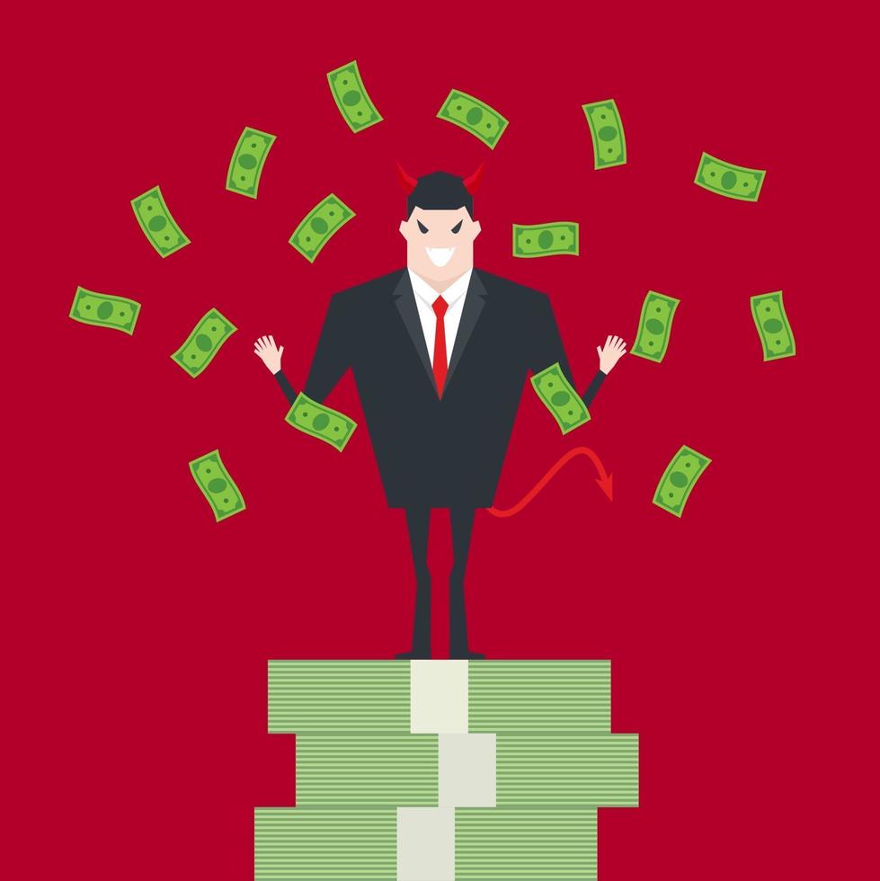 Devil businessman standing on growth money stairs. vector