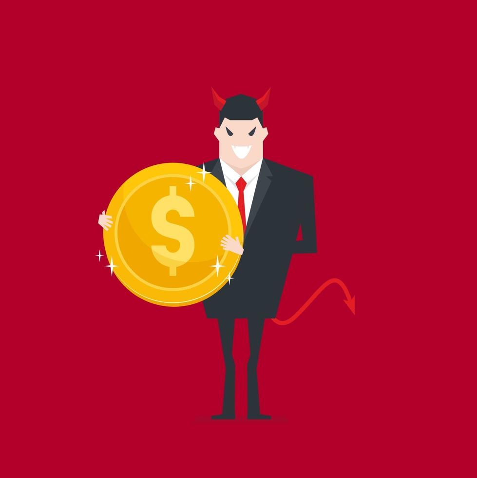 Devil businessman holding golden coin in hand. vector