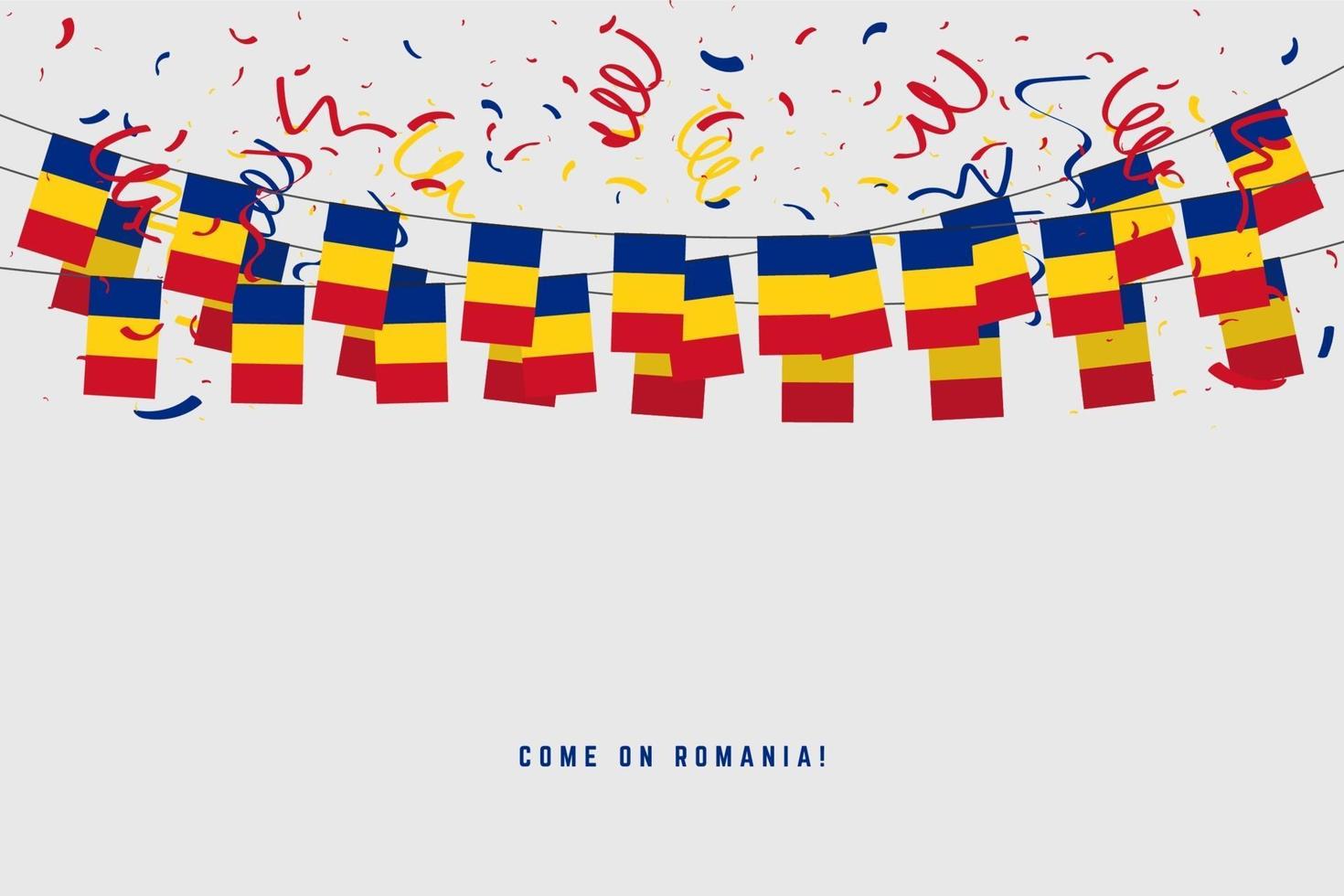 Romania garland flag with confetti on gray background. vector