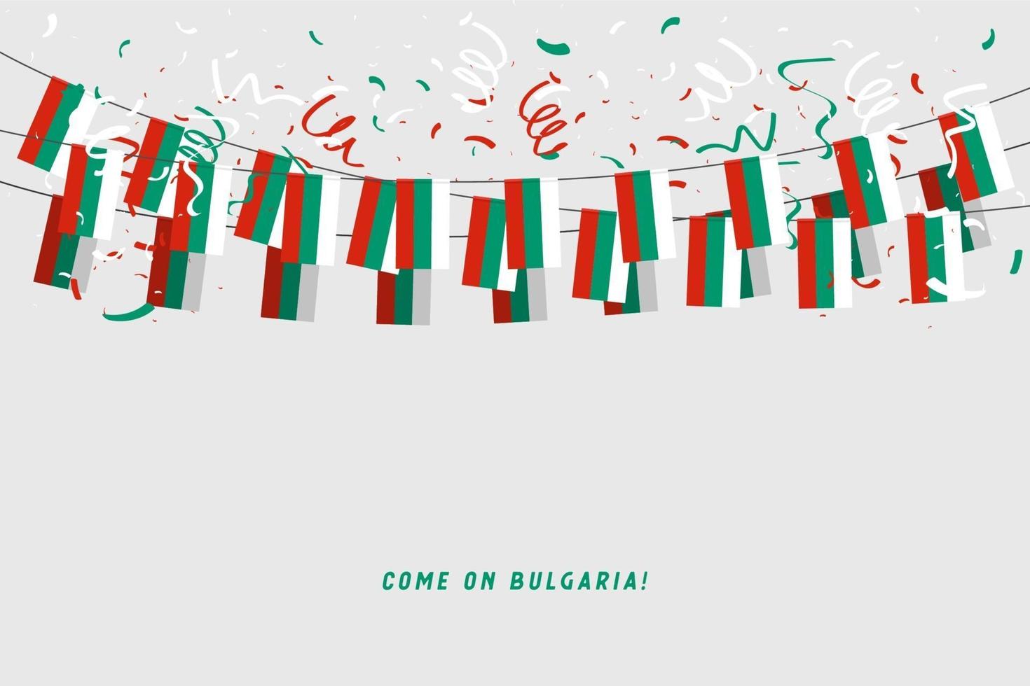 Bulgaria garland flag with confetti on gray background. vector