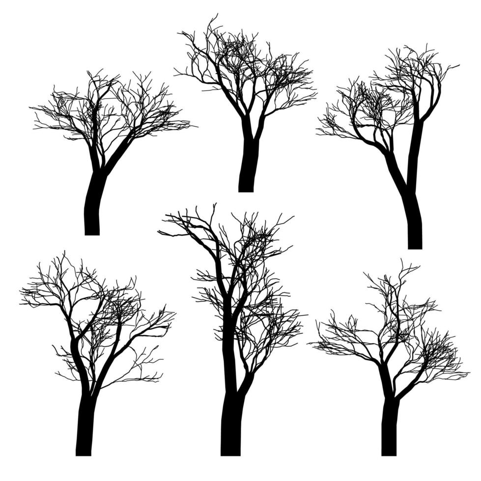 Set of black naked trees silhouette set. Hand drawn isolated. vector