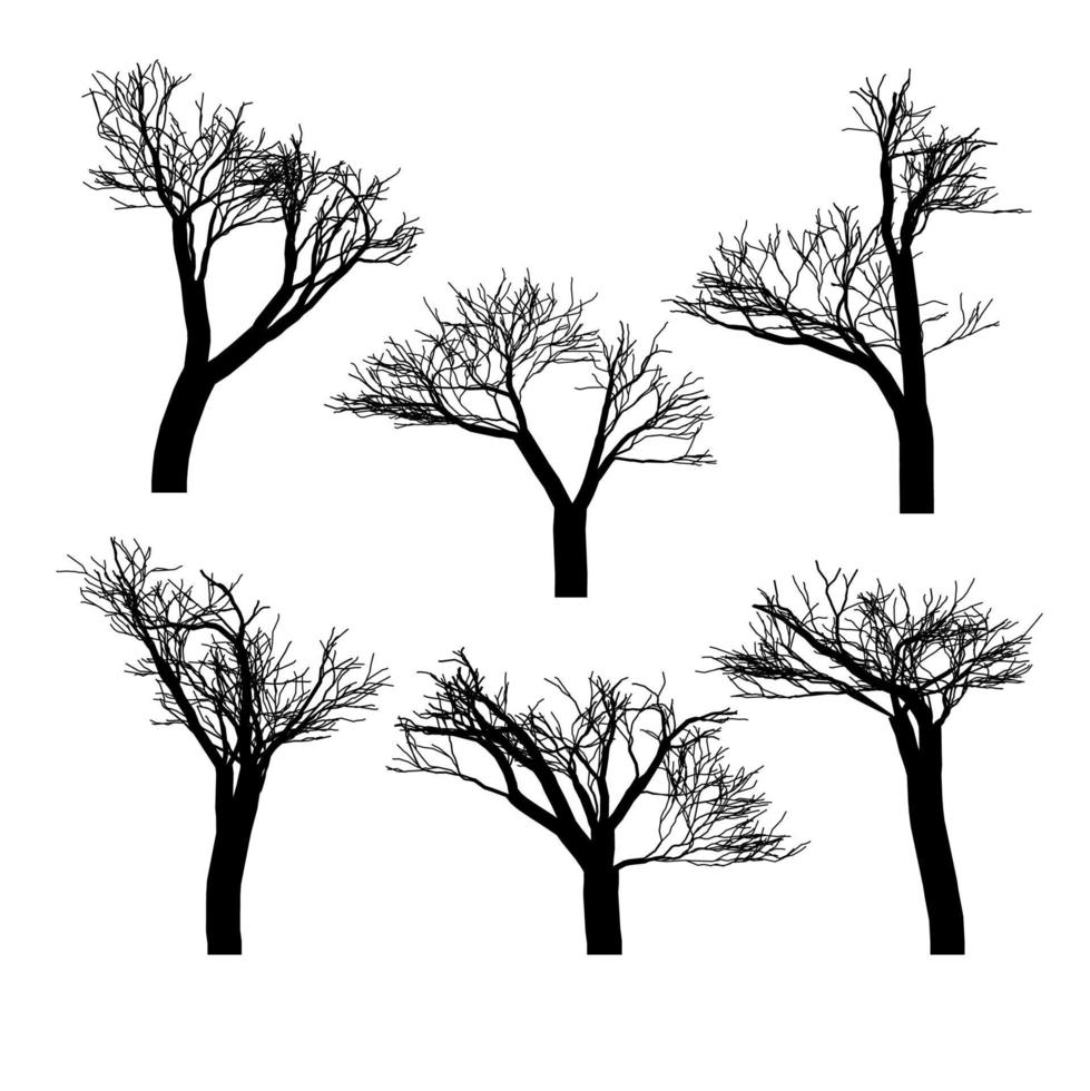 Set of black naked trees silhouette set. Hand drawn isolated. vector