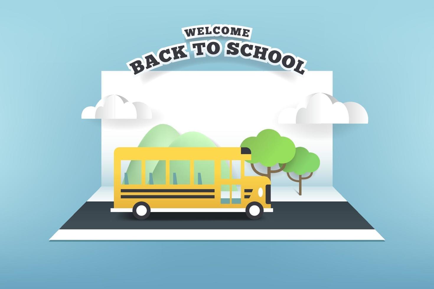 Paper card of school bus running on the road, back to school. vector