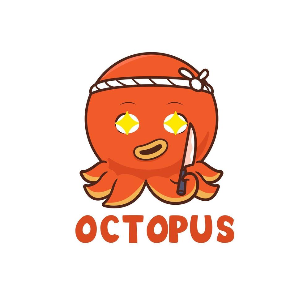 Ilustración de maestro de sushi de pulpo, diseño de logotipo de mascota vector