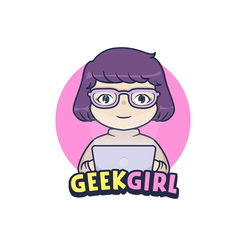 Geek girl in front of laptop, logo mascot design vector
