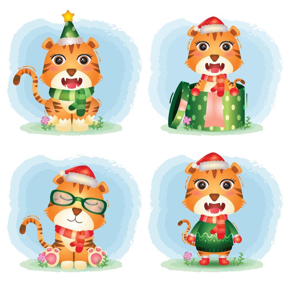 cute tiger christmas characters collection vector