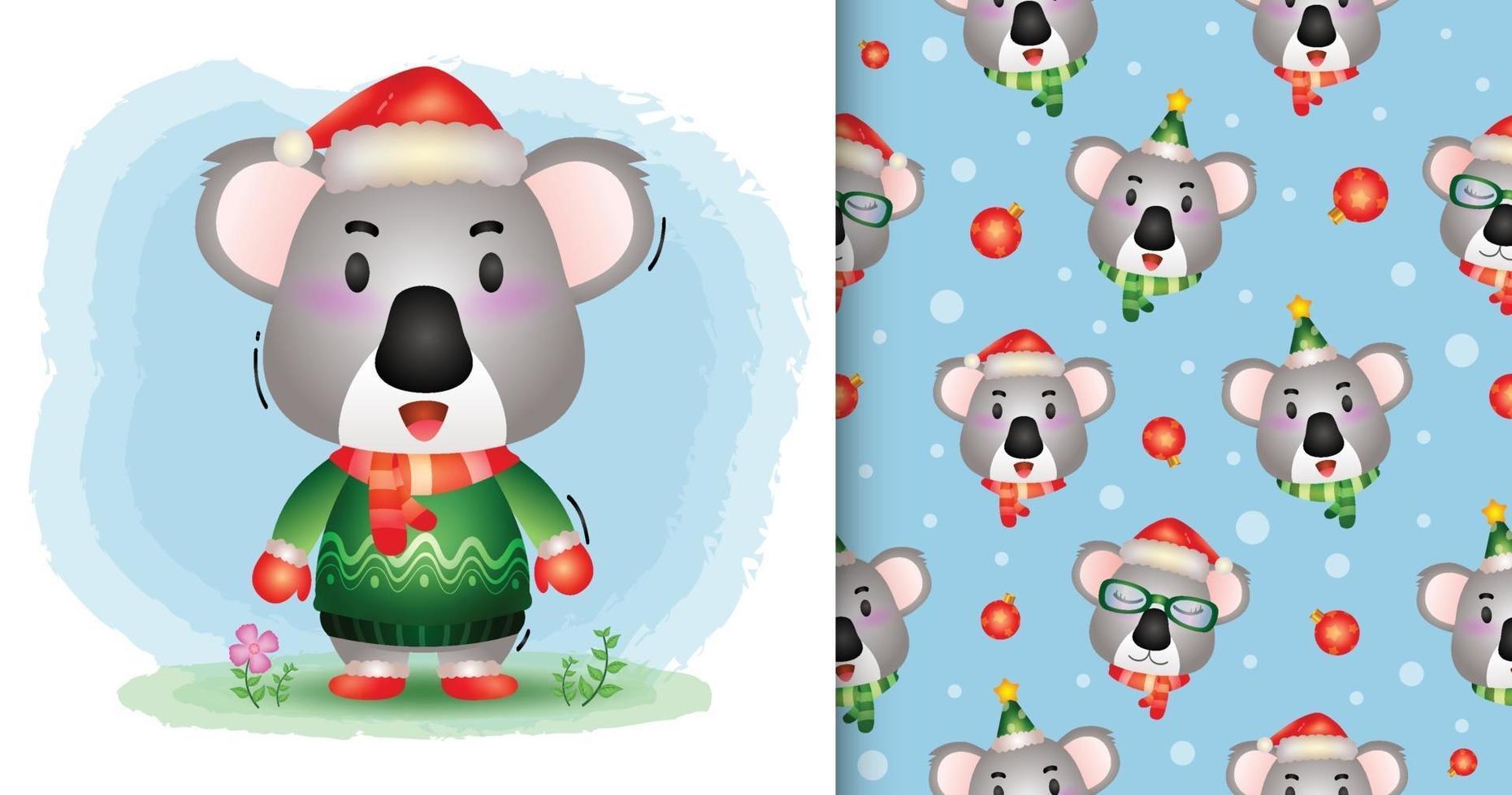 una linda colección de personajes navideños de koala. patrón sin costuras vector