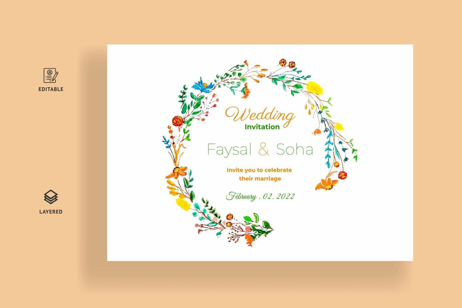 Watercolor wedding invitation card template vector