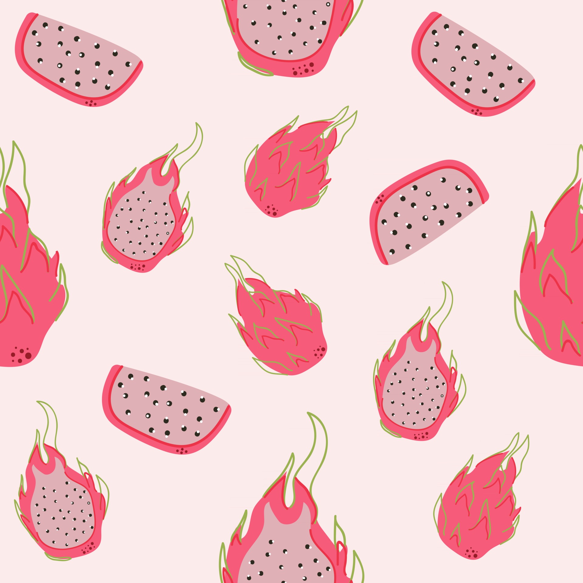 Seamless pattern of dragon fruit on pink background. Flat illustration