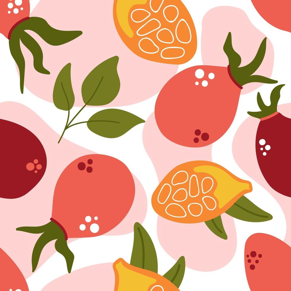 Seamless pattern of rose berry with leaves, rose hip berries. vector