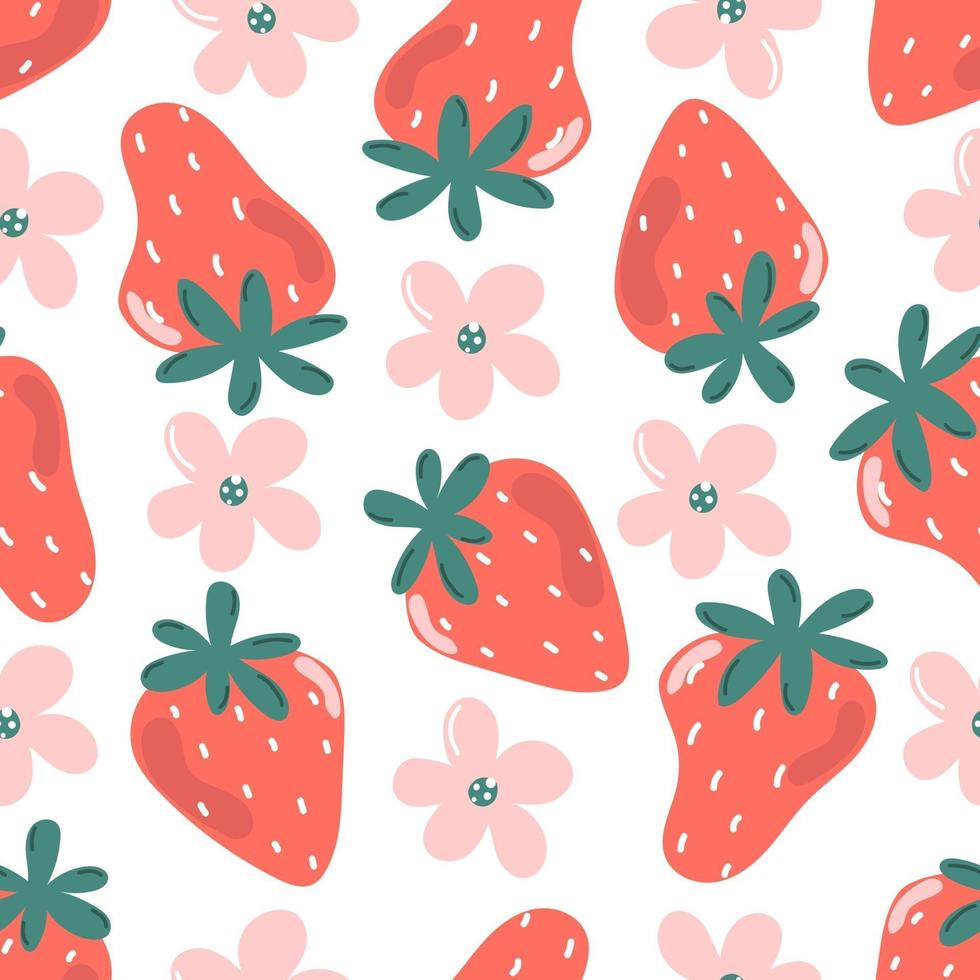Cute seamless pattern of strawberry and flowers. vector