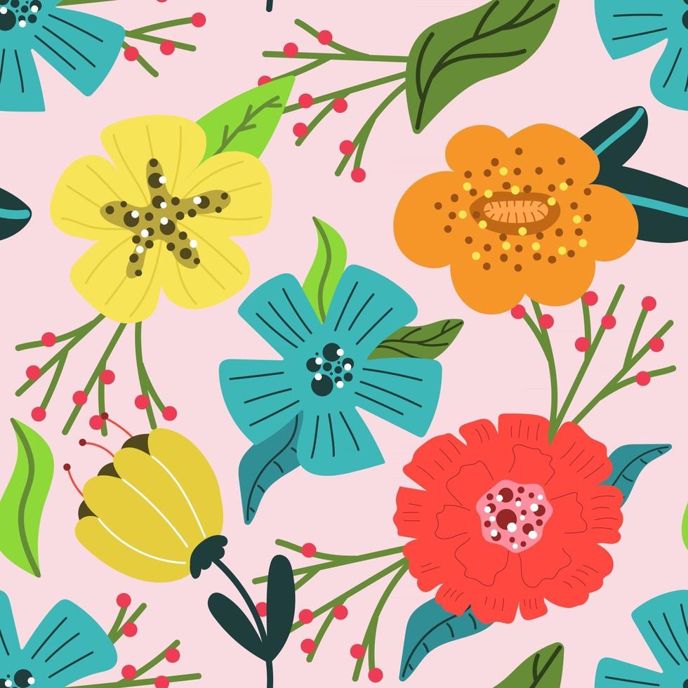 Seamless pattern of bright and modern flowers on pink background. vector