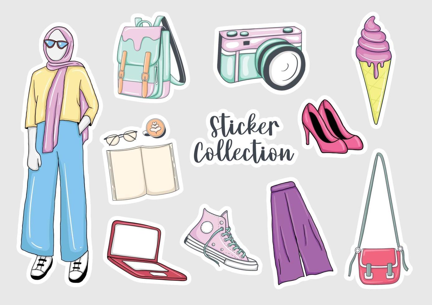 Colorful Hand drawn hijab girl stickers collection vector