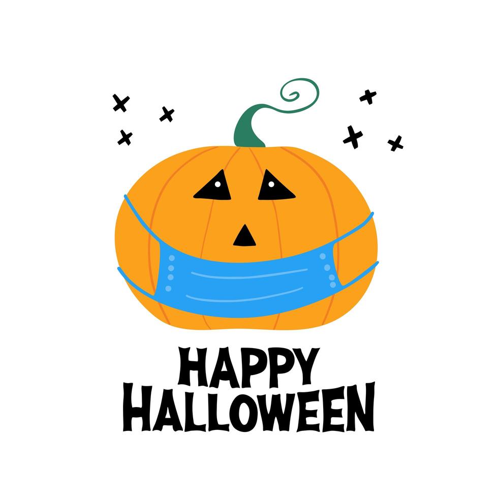 linda calabaza en máscara con feliz halloween y elementos cruzados de doodle vector