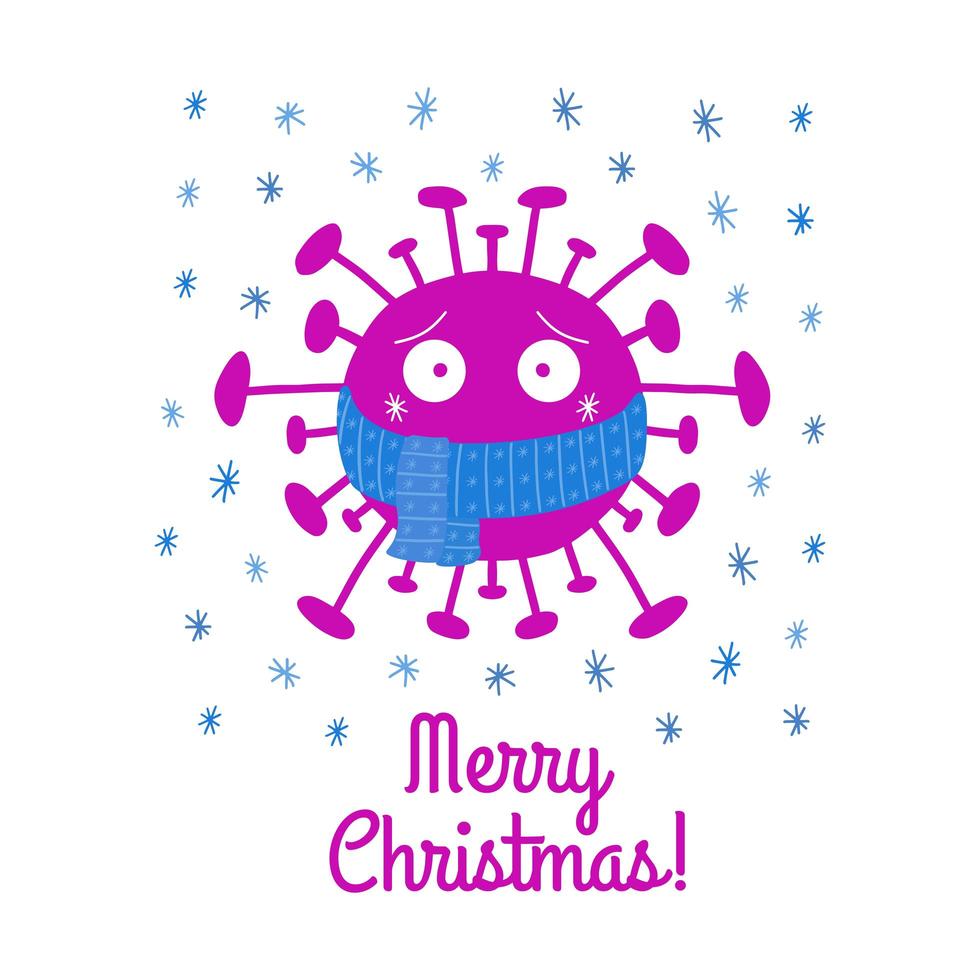 Cartoon coronavirus bacteria in blue scarf with snowflakes vector