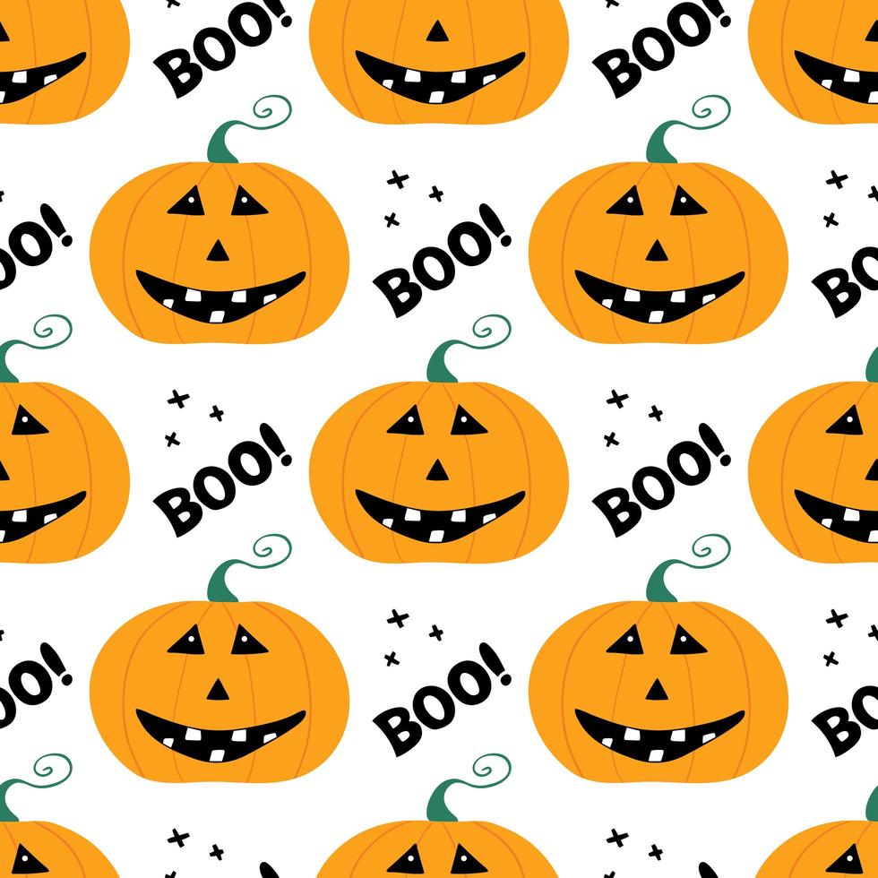 Cute smiling pumpkin with boo lettering and cross. Seamless pattern vector