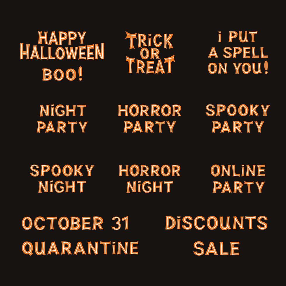 conjunto de citas de fiesta de halloween. letras naranjas con líneas blancas vector