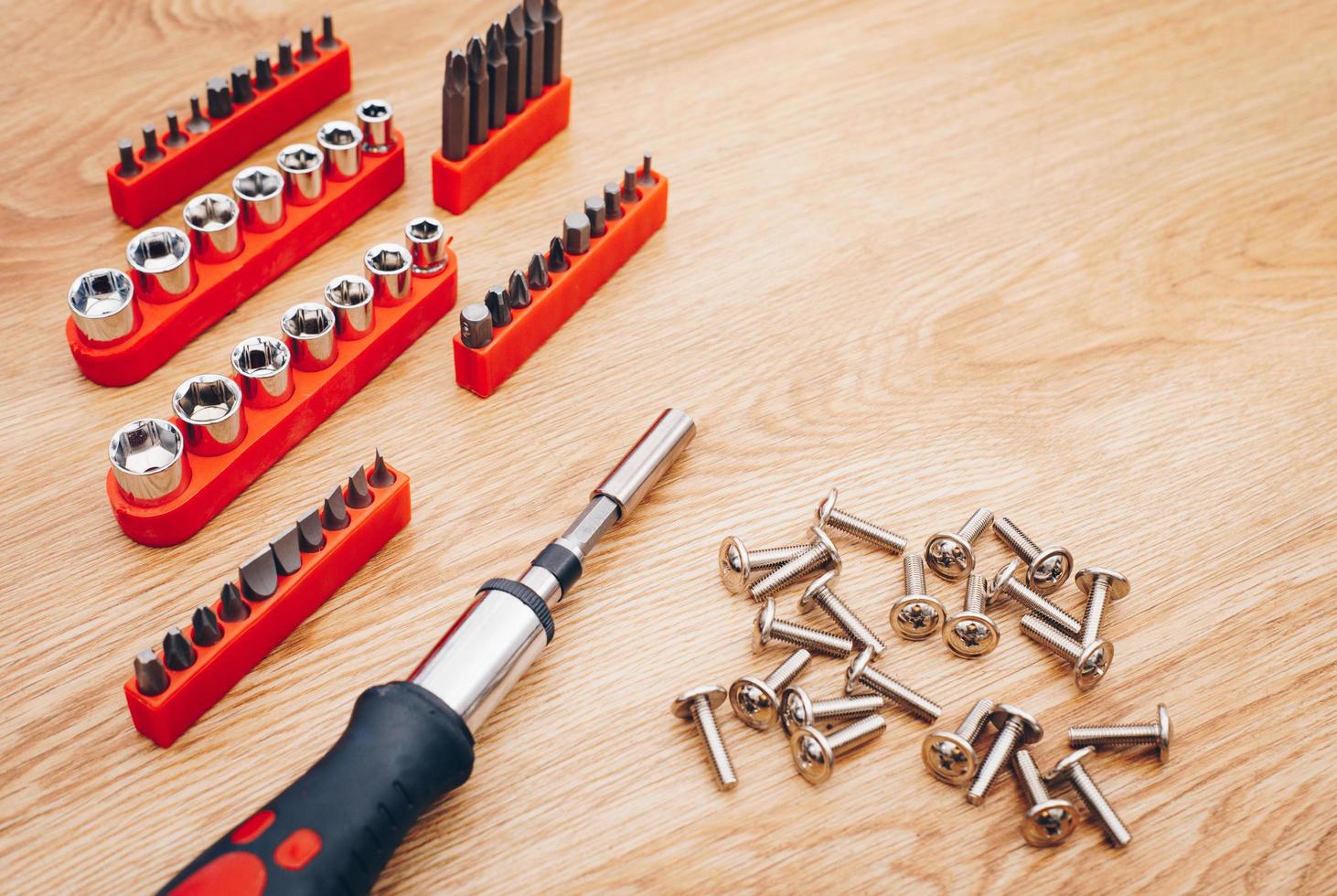 Working tools on wooden background. top view photo