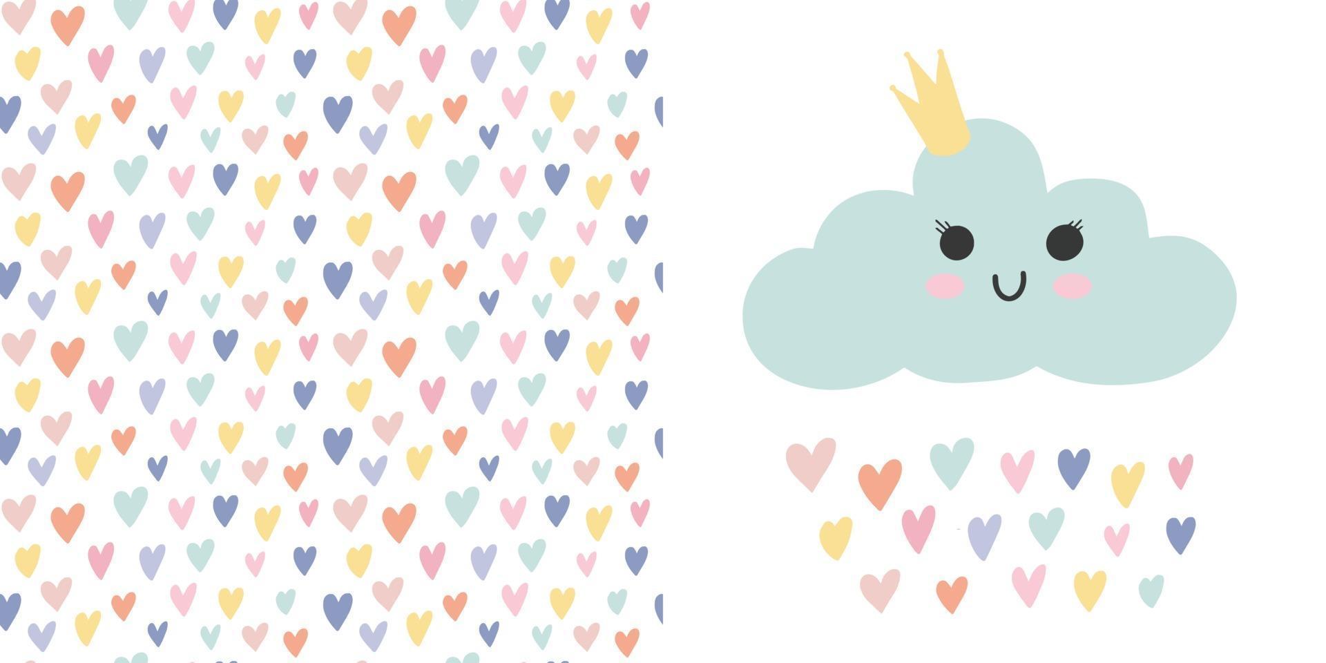 Kid nursery set - vector baby cloud, seamless pattern rainbow hearts.