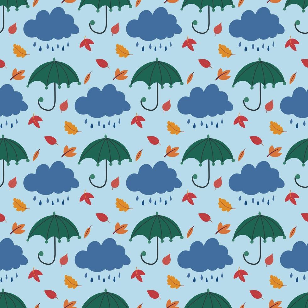 Cute seamless pattern with hand drawn umbrella, rain cloud, leaves vector